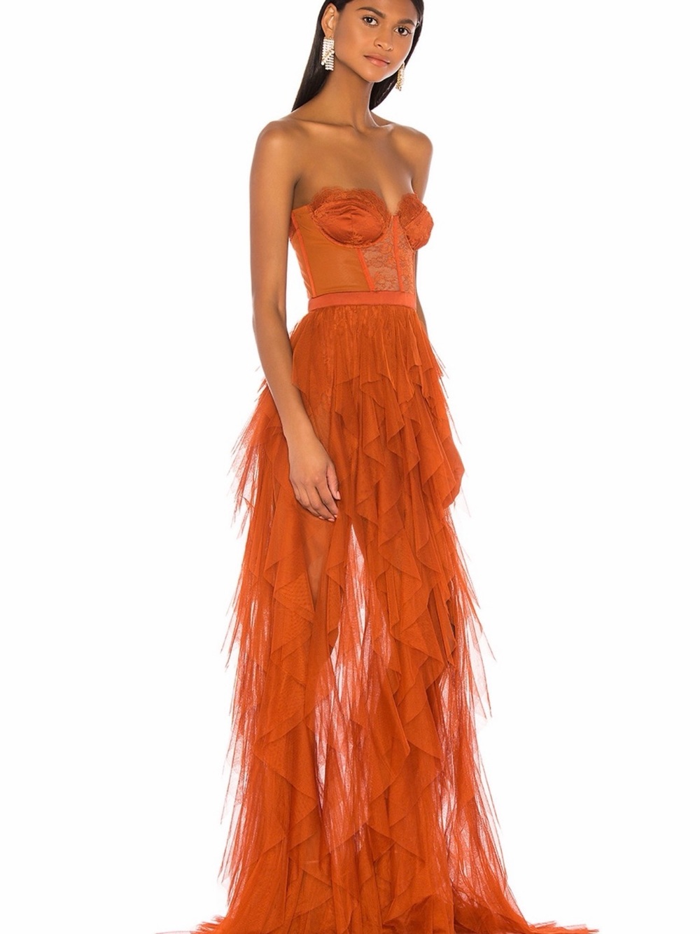 For Love & Lemons Strapless Ruffled Tulle Gown in Rust Orange - Picture 2 of 7